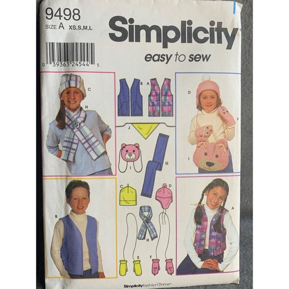 Simplicity Child's Vest Mittens Scarf Hat Sewing Pattern Sz XS-L - Uncut - Picture 4 of 4